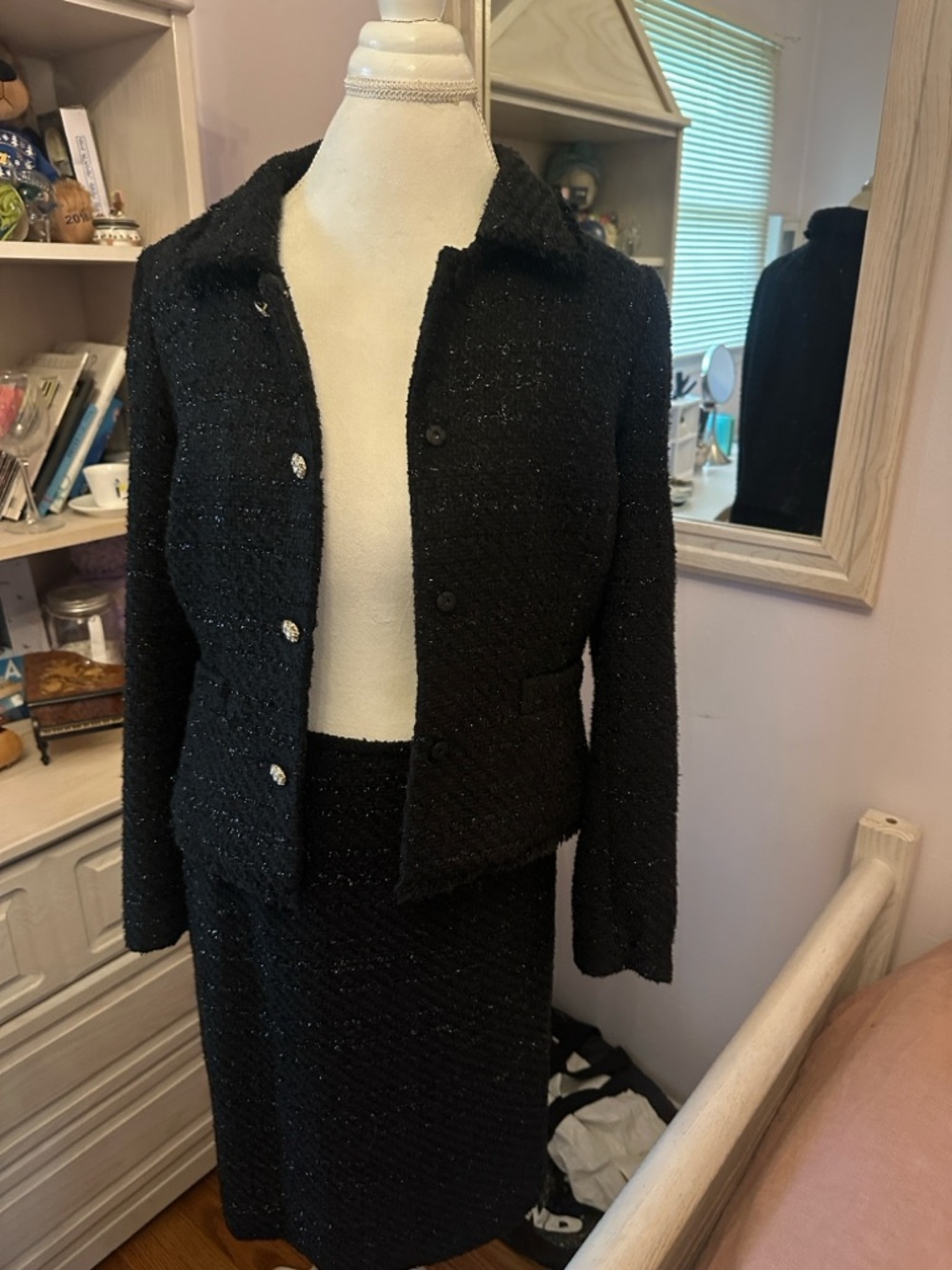 Tahari Black Sparkle Tweed Suit with Crystal Buttons size 8